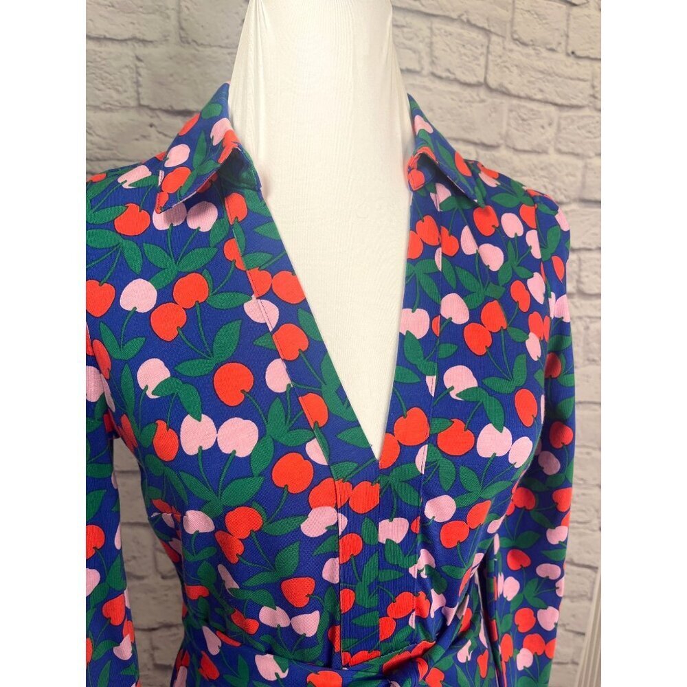 Boden Imogen Cherries Collar Dress Belted Ladies Size 2P Blue Pink Red - Picture 3 of 10